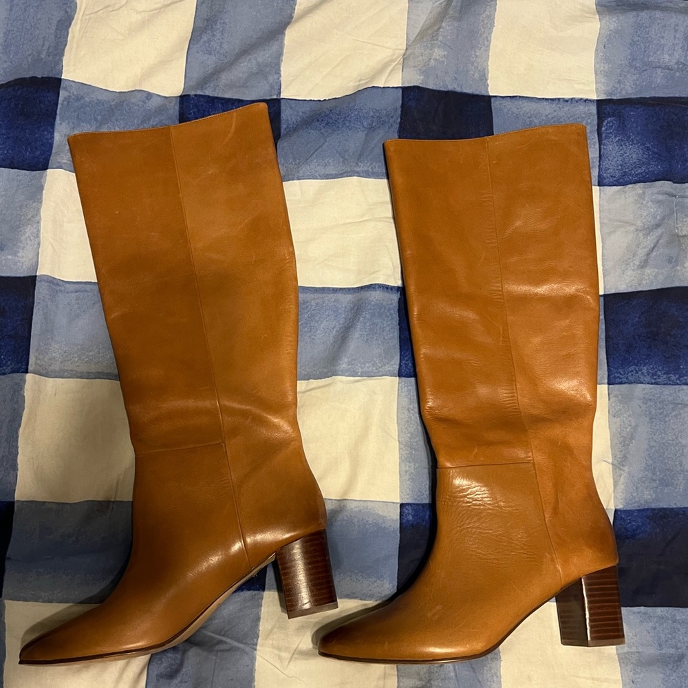 J. Crew Brown Leather High Shaft Boots, Sz 9, 2.5 in heel